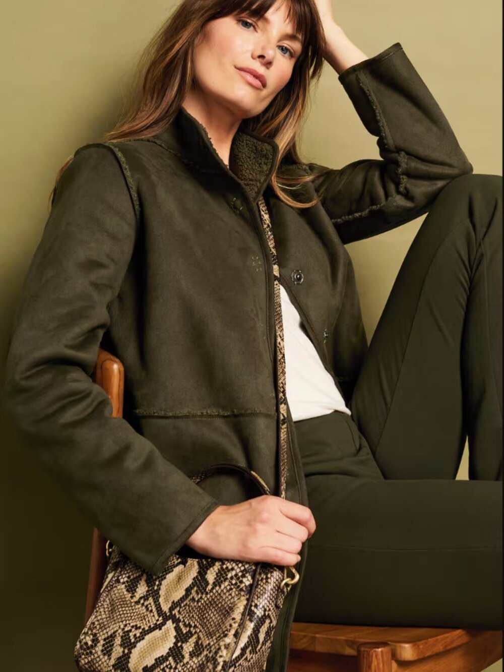 Pure Jill Reversible Teddy Coat Deep Olive Small